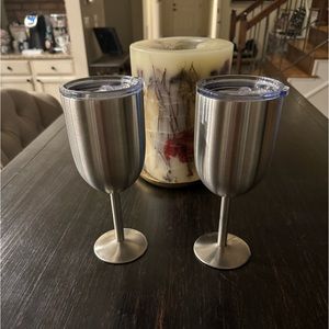 2 Stainless Steel Double Walled Wine Glasses With Lids